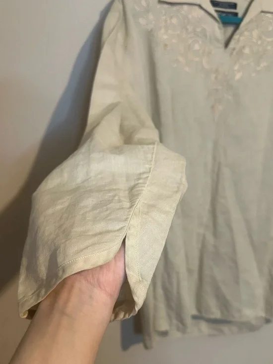 100% linen large Embroidered V-Neck Linen Tunic - Cream - Picture 3 of 5